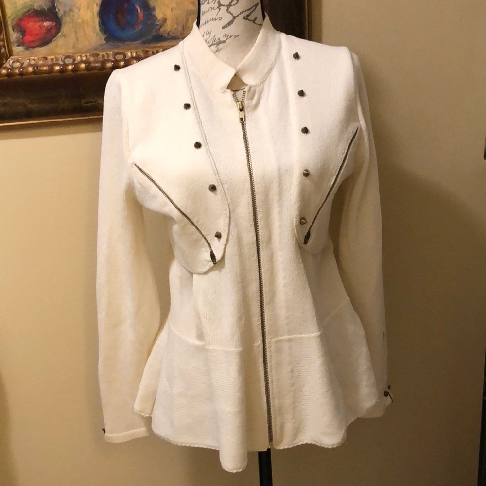 SJ Dreamy knit peplum zip up, zip sleeve detail, zip pockets pointy studs jacket
